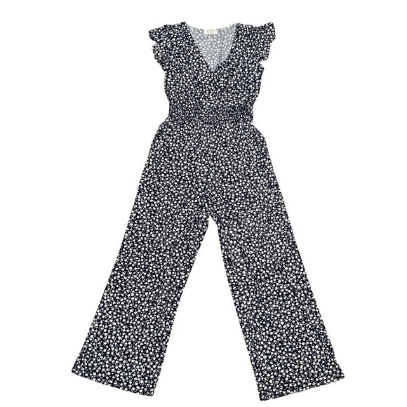 Kaleigh Womens Navy White Floral Jumpsuit Size M Womens V-Neck Ruffle Sleeve - Picture 2 of 10